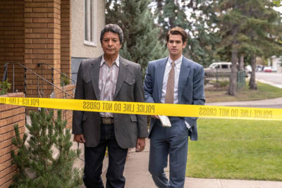 Gil Birmingham as Bill Taba and Andrew Garfield as Jeb Pyre in Under the Banner of Heaven.