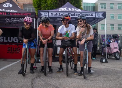 (L-R) Lauren, Allison, Michele and Macee met at the Gear Rush Slowcial, a friendly ride on the west side. Join ‘em on a Thursday — check @gearush on IG for details. Photo: John Barkiple.