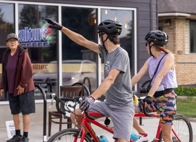 Culture Coffee is the last stop on the SLUG Cat for this bicycle built for two — the only tandem whip in the 12th annual SLUG Cat. Photo: John Barkiple.