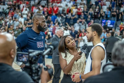 LeBron James and Steph Curry after 2024 Las Vegas Olympic Showcase game. Photo: Joe Oliver. 