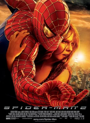 Spiderman 2 movie poster of Spiderman holding a woman.