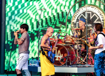 The Red Hot Chili Peppers during their opening songs, playing on stage at the Utah First Credit Union Amphitheatre. Photo: @lmsorenson