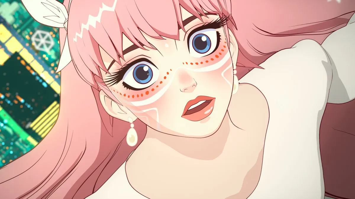 Animated still of a woman with long pink hair and giant blue eyes. Her face adorned with red, pink, and white face paint in dot patterns under her eyes.