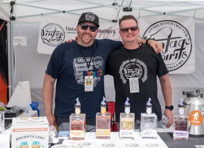 (From left to right) Jessen and Nick from Vintage Spirits in Midvale who are primarily known for their delicious and top shelf, Salty Beach line of rum. Photo: Chay Mosqueda.