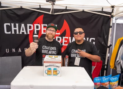 Tim Chappell and Ivan Carrasu serving both beer and spirits with Chappell Brewing. Photo: Brayden Salisbury.