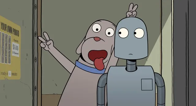 Animated still of a brownish grey dog, it's tongue sticking out, holds it's fingers in bunny ears behind a robots head.