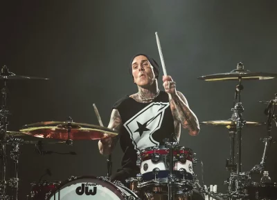 Travis Barker is in his element behind the kit.