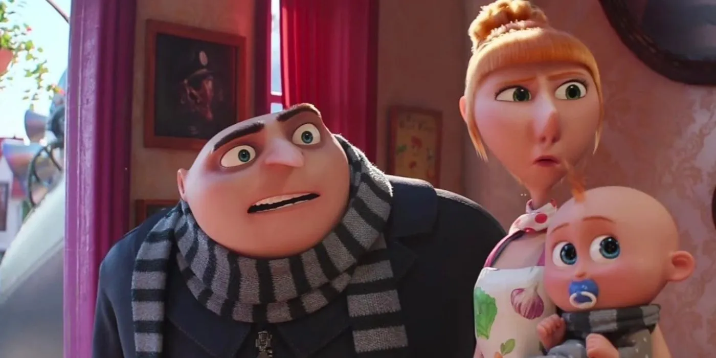 Gru, Lucy and their baby look freightened.