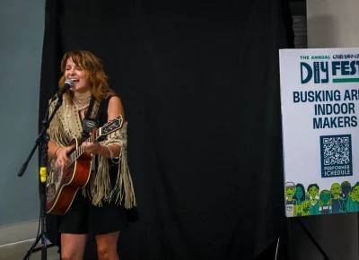 Lillian VanDaam performs in the Makers building. Photo: Hayley Stoddard.