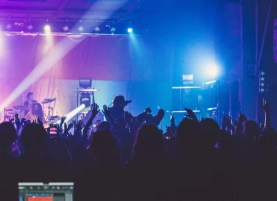 The crowd throws their hands in the air during the show.