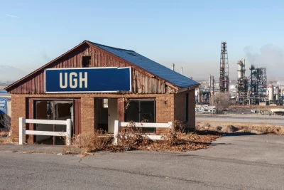 "UGH (Christmas Morning, 2020)." Digitally altered image of an abandoned building that originally read "HUGH'S RV," created 10 months into the COVID-19 pandemic.