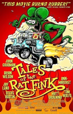 A red poster for Tales of the Rat Fink showing a green rat riding a little car. 