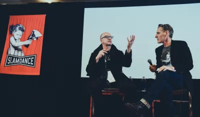 Stephen Soderbergh & Peter Baxter speak on stage at Slamdance 2019.