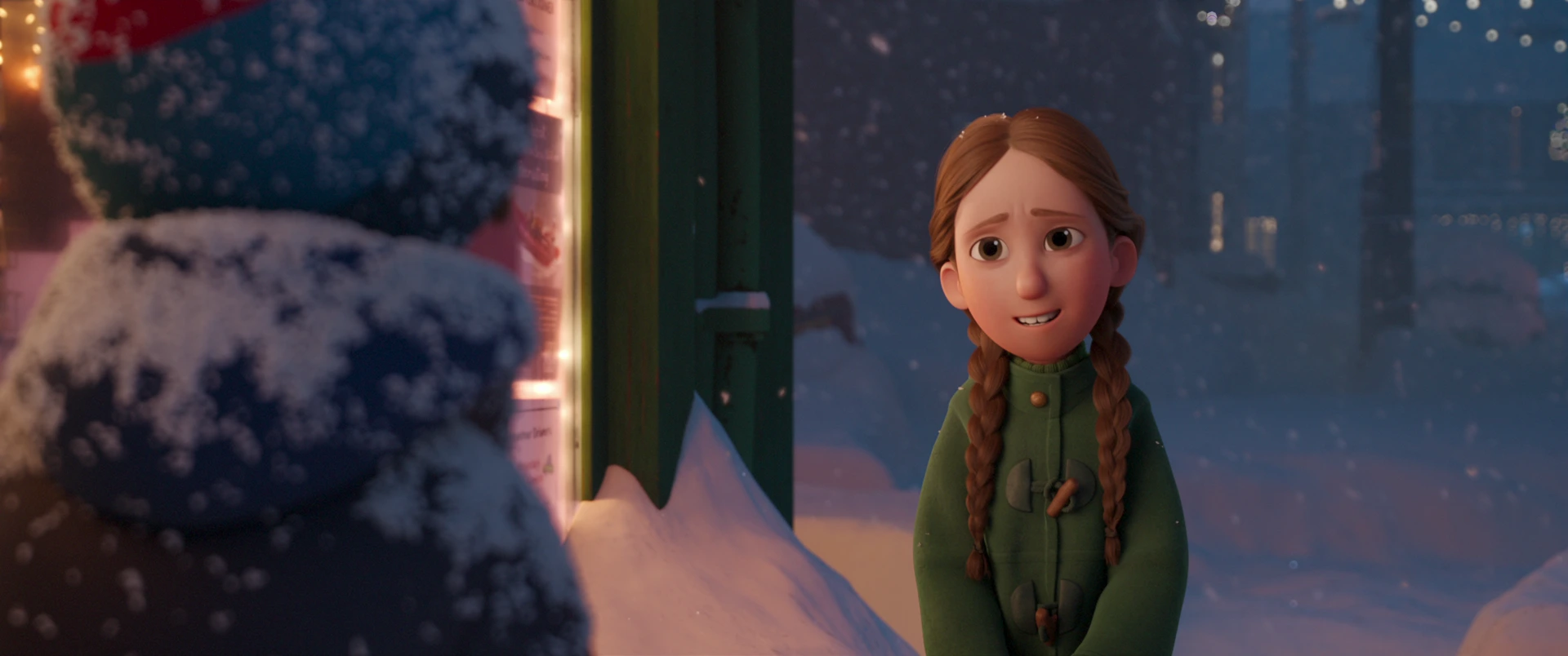 Computer animated image of a young girl with pigtails in a snowy landscape.